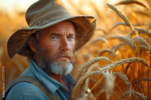 Mature farmer in wheat field at sunset