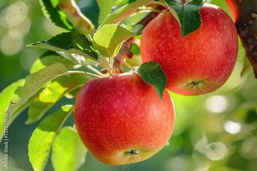 Ripe juicy apples on tree branch in the garden