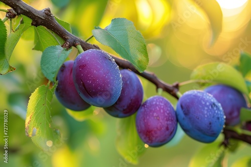 Ripe plums on tree branch in the garden