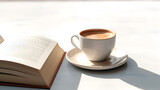 Book and a cup of coffee isolated on a white background.