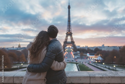 Back view of young couple standing in front of Eiffel Tower in Paris