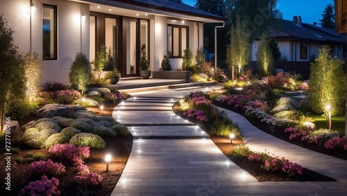 Modern gardening landscaping design details. Illuminated pathway in front of residential house. Landscape garden with ambient lighting system installation highlighting flowers plants photo