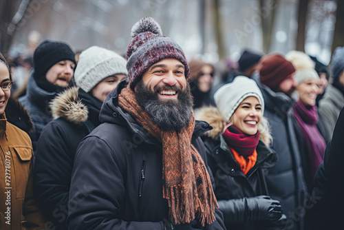 Happy bearded man with a radiant smile stands out in a group of people warmly dressed for winter, capturing the contagious joy of a collective outdoor gathering.