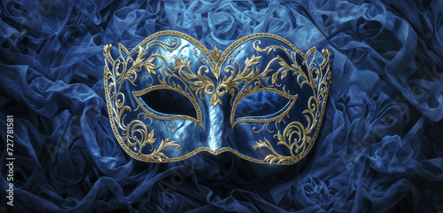 a blue and gold decorative carnival venice mask with a floral background, design template for advertisement, announcement, space for text, celebration, invitation, greeting card, cover, illustration