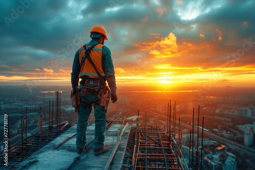 Construction worker on top of a skyscraper overlooking city panorama at sunset