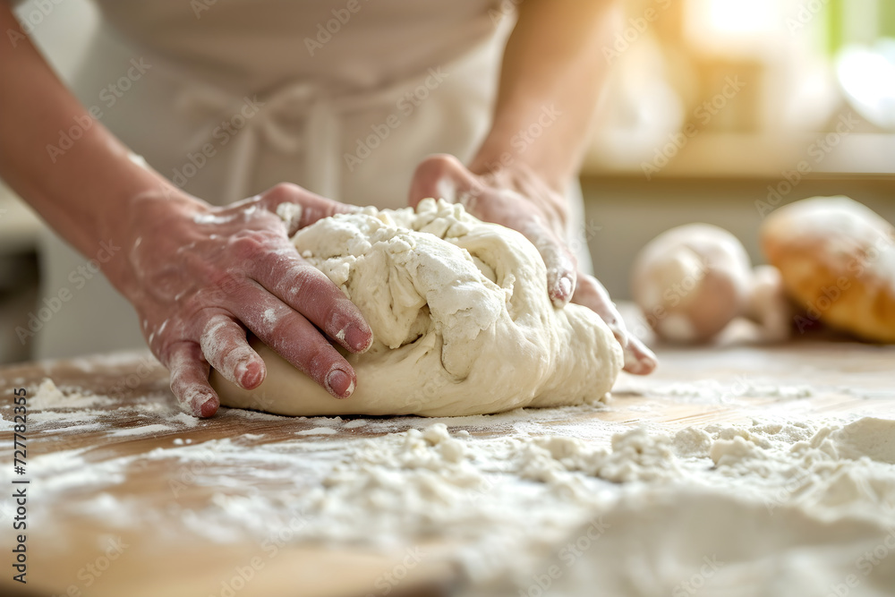 design for cooking or baking ad, fresh dough, baker hands. Bakery, wooden table, cusine. French kitchen