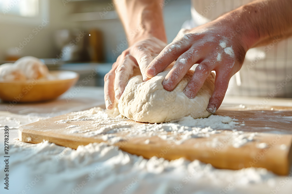 design for cooking or baking ad, fresh dough, baker hands. Bakery, wooden table, cusine. French kitchen design for cooking or baking ad, fresh dough, baker hands. Bakery, wooden table, cusine. French kitchen