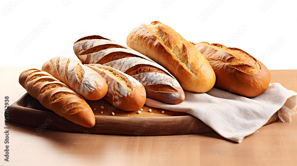 Bread, ciabatta, baguette, and sweet pastries isolated on white background.