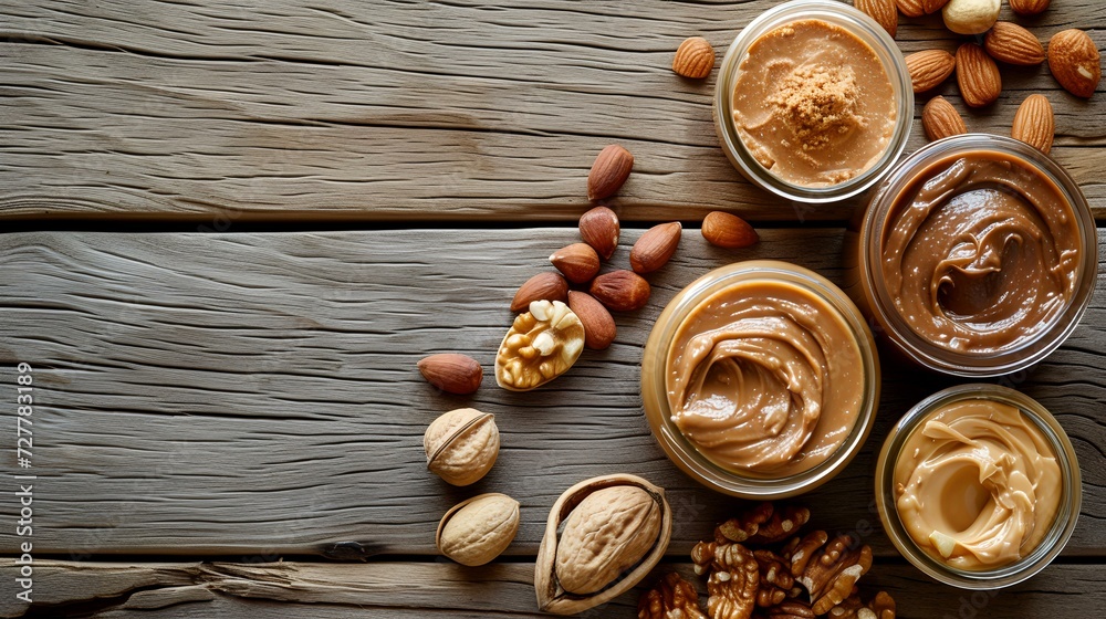 Peanut butter in a glass bowl with nuts on a wooden background Peanut butter in a glass bowl with nuts on a wooden background