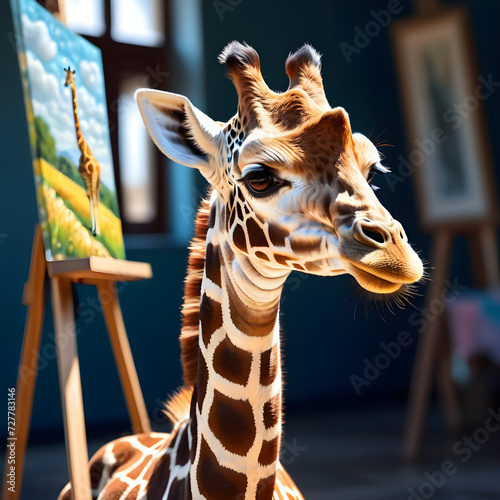 Fluffy baby giraffe is an absolute stunner! It's truly captivating how this little Slavic child holds a painting with such grace. The giraffe's velvety fur is so wonderfully fluffy, making it seem eve photo