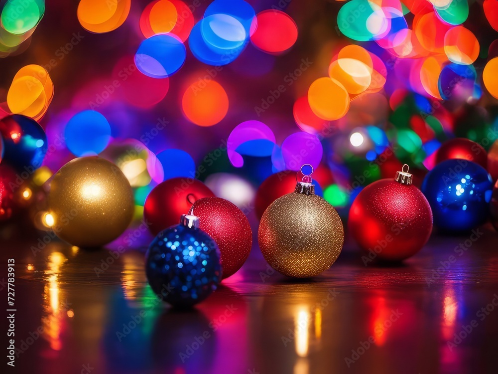 Colorful Christmas Tree With Baubles And Blurred Shiny Lights Bokeh
