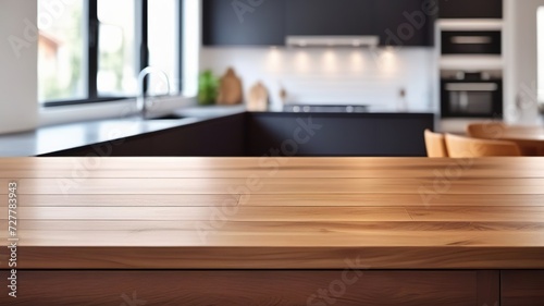 Empty wooden table top with blur kitchen interior background. Generated AI