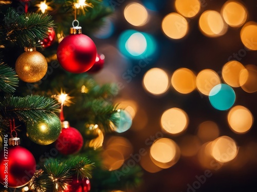 Colorful Christmas Tree With Baubles And Blurred Shiny Lights Bokeh