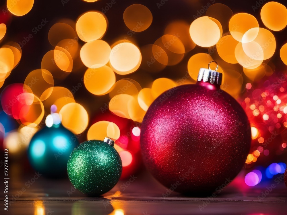 Fototapeta premium Colorful Christmas Tree With Baubles And Blurred Shiny Lights Bokeh