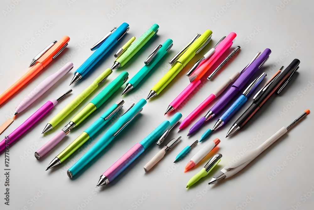 A dynamic set of minimalistic pens in bright, neon colors, featuring sleek packaging A dynamic set of minimalistic pens in bright, neon colors, featuring sleek packaging
