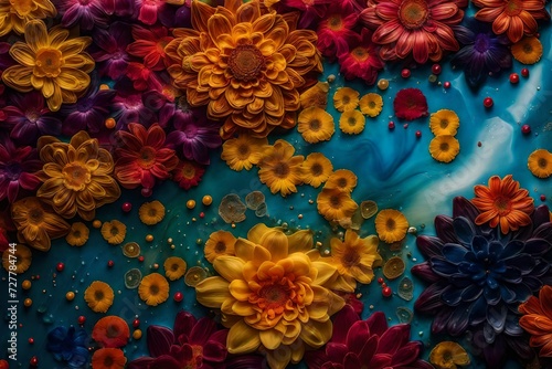 A visually striking photograph showcasing the vibrant interplay of colorful liquids on a contemporary canvas, enriched by the presence of intricate flower motifs photo