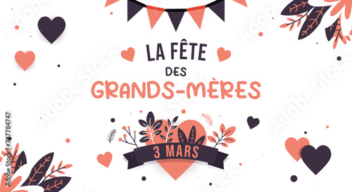La fête des grands-mères - Bannière festive et colorée pour célébrer les Mamies le 3 mars - Fanions, éléments végétaux, ruban et cœurs