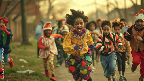 a group of children in clown costumes run