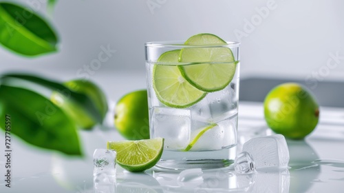 Summer cocktail with lime, mint and ice cubes on a minimalistic light background. Summer horizontal banner with copy space.