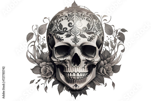 skull face with flower tattoo on transparent background, created by ai generated