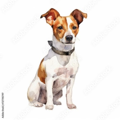 Watercolor closeup portrait of cute Jack russel terrier breed puppy isolated on white background. Shorthair small-sized small terrier dog. Hand drawn sweet home pet. Greeting card design. Clip art © Bulder Creative