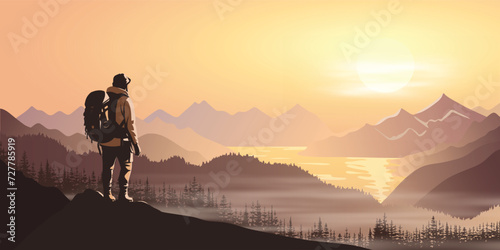 A tourist meets the sunrise in the mountains, hiking, adventure tourism and travel, vector illustration	 photo