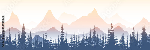Sunrise in the mountains, seamless border, panoramic view, vector illustration