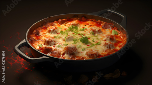 Casserole dish with meat, cheese, and sauce in pan.