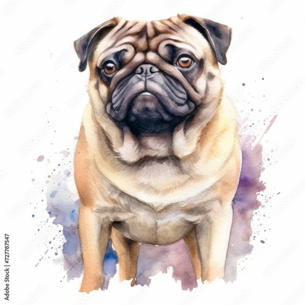 Watercolor chubby pug dog isolate on white background