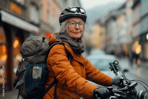 Woman With Backpack and Helmet Riding a Bike