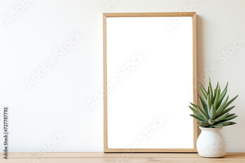 Minimalistic frame home decor with copy space for text. blank frame with succulent on the desk. white frame or transparent frame. frame mockup on the table