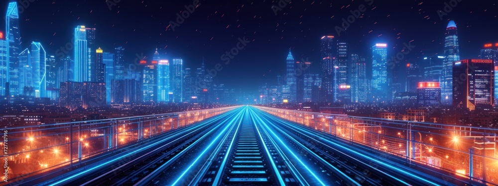 A City at Night With a Train Track in the Foreground