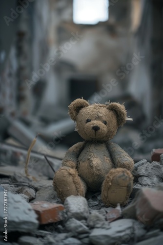 Brown Teddy Bear Sitting on Pile of Rubble