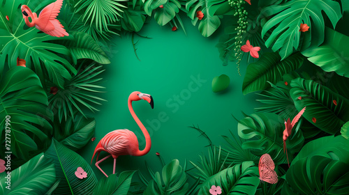 Summer tropical exotic frame with green tropical leaves, pink flamingo and pink butterfly and some green tropical elements. Design background for card, invitation, poster. Generative AI