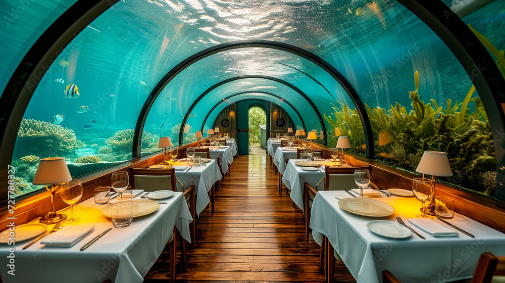 underwater restaurant with a panoramic view of a vibrant coral reef, offering a unique dining experience - obrazy, fototapety, plakaty 