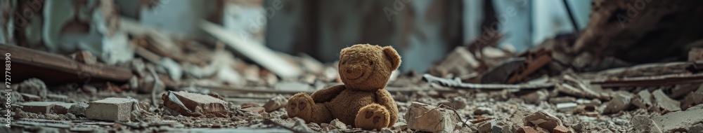 Teddy Bear Sitting in Pile of Rubble Teddy Bear Sitting in Pile of Rubble
