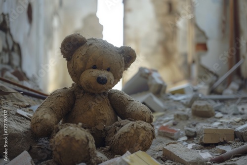 Brown Teddy Bear Sitting on Rubble photo