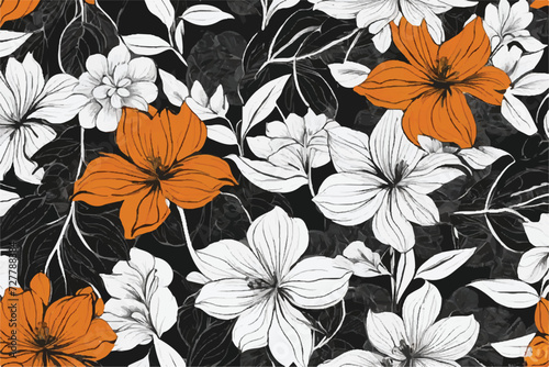 Seamless floral background. Floral pattern. Black and Orang seamless floral pattern. Black paint vector illustration with abstract floral art. Textiles  paper  wallpaper decoration. Vintage background