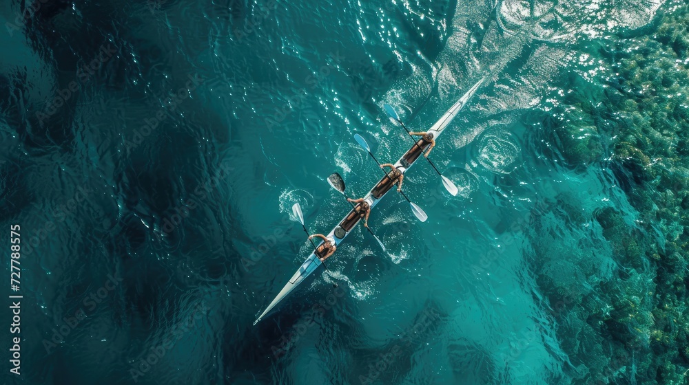 Aerial drone top ultra wide panoramic view of sport canoe rowing ...