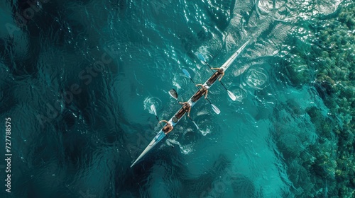 Aerial drone top ultra wide panoramic view of sport canoe rowing synchronous team of athletes competing in deep blue sea photo