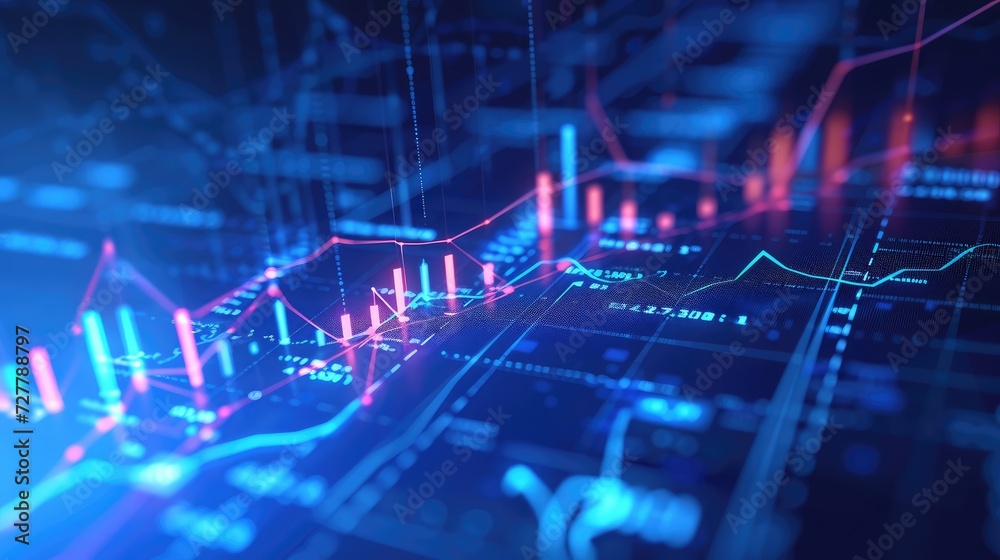 Business chart with uptrend line graph, bar chart and stock numbers in