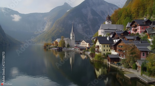 "October 26th" over Austria's Hallstatt village for National Day, with alpine motifs and edelweiss flowers adorning the corners.
