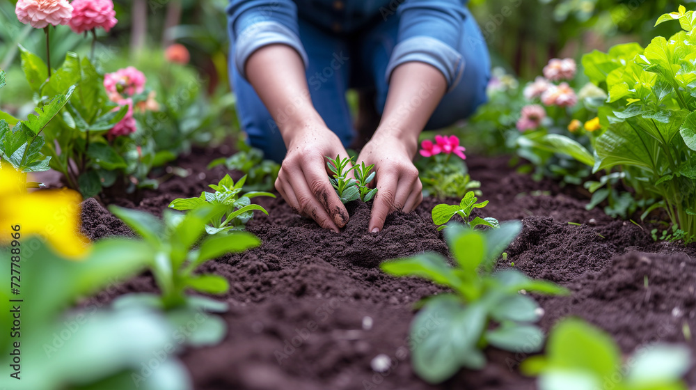 Hands planting small green plants in a garden with rich soil, surrounded by colorful flowers, depicting gardening and care for nature Hands planting small green plants in a garden with rich soil, surrounded by colorful flowers, depicting gardening and care for nature
