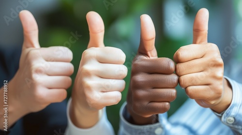 Closeup thumbs up, hand or sign for success, support or trust. Diverse group or team of business men, women or colleagues showing thumb as thank you or approval to idea plan, strategy or good news