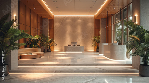 The entrance in reception and lobby hotel, A luxurious co-working space. Generative AI.