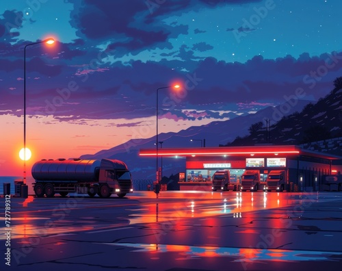 a gas station at night, capturing the illuminated pumps and the surrounding cityscape photo