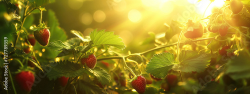 strawberries growing in the garden with sunlight