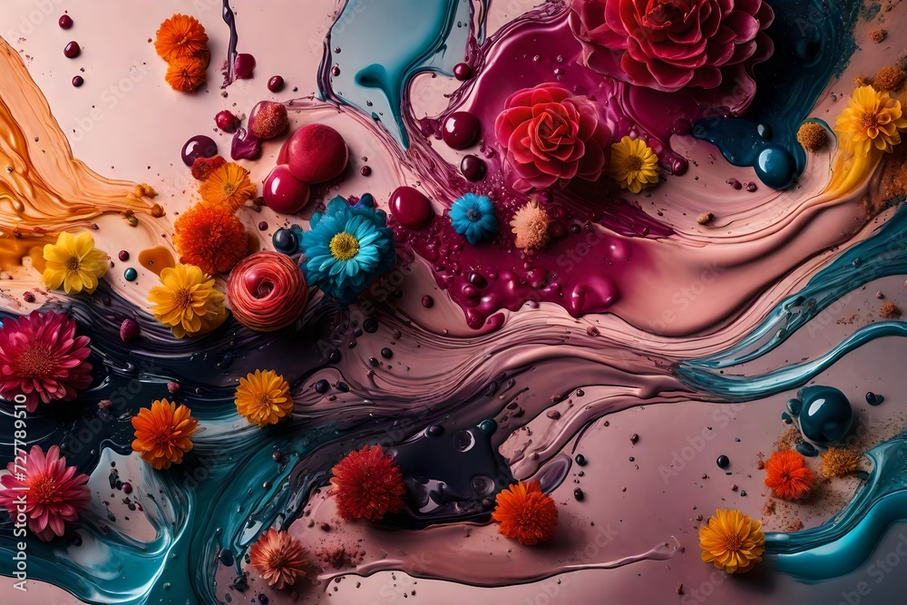 An aesthetically pleasing HD image portraying the graceful interplay of colorful liquids against a contemporary background, accented with subtle and tasteful flower patterns An aesthetically pleasing HD image portraying the graceful interplay of colorful liquids against a contemporary background, accented with subtle and tasteful flower patterns