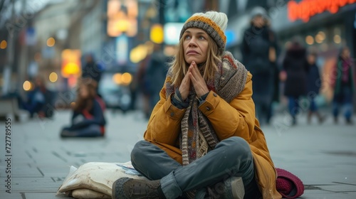 Hungry homeless beggar woman beg for money on the urban street in the city from people walking