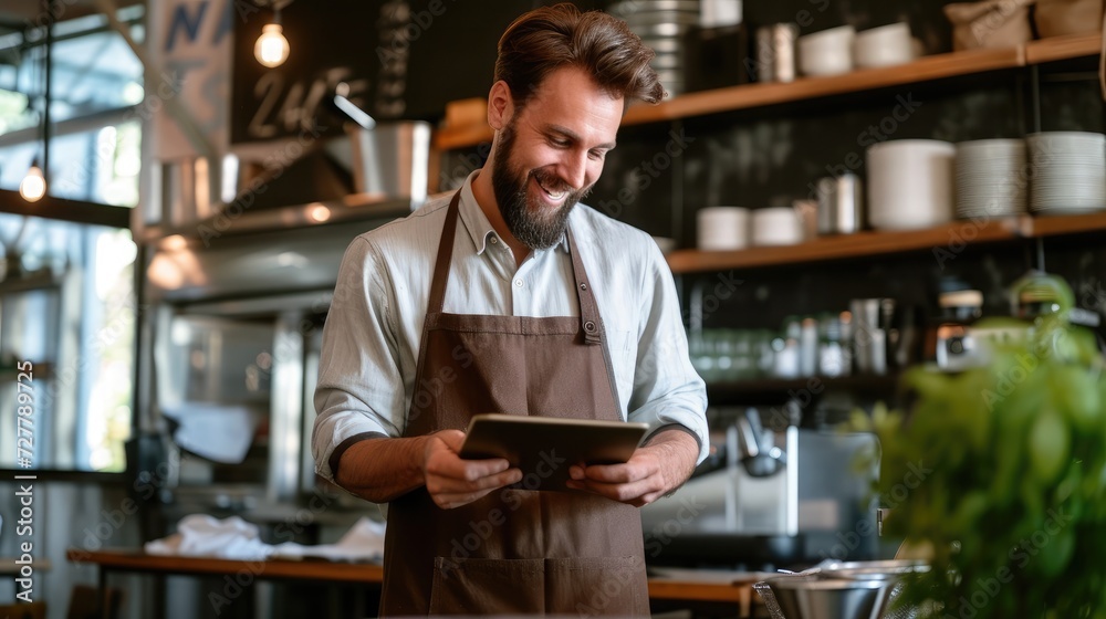 Man in restaurant tablet and inventory check small business Man in restaurant tablet and inventory check small business